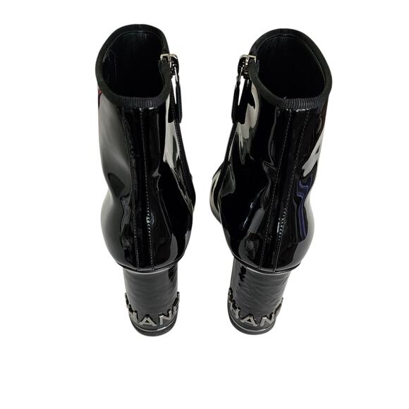 Chanel CC Cap Toe Logo Ankle Heel Boot Size 37.5 US 6.5 7 Black Patent Leather - Picture 5 of 14